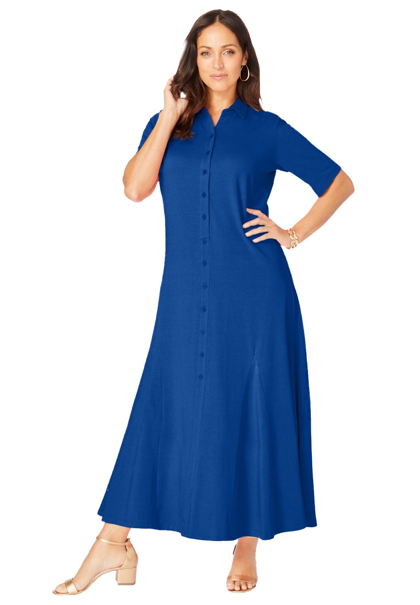 Stretch Cotton Button Front Maxi Dress