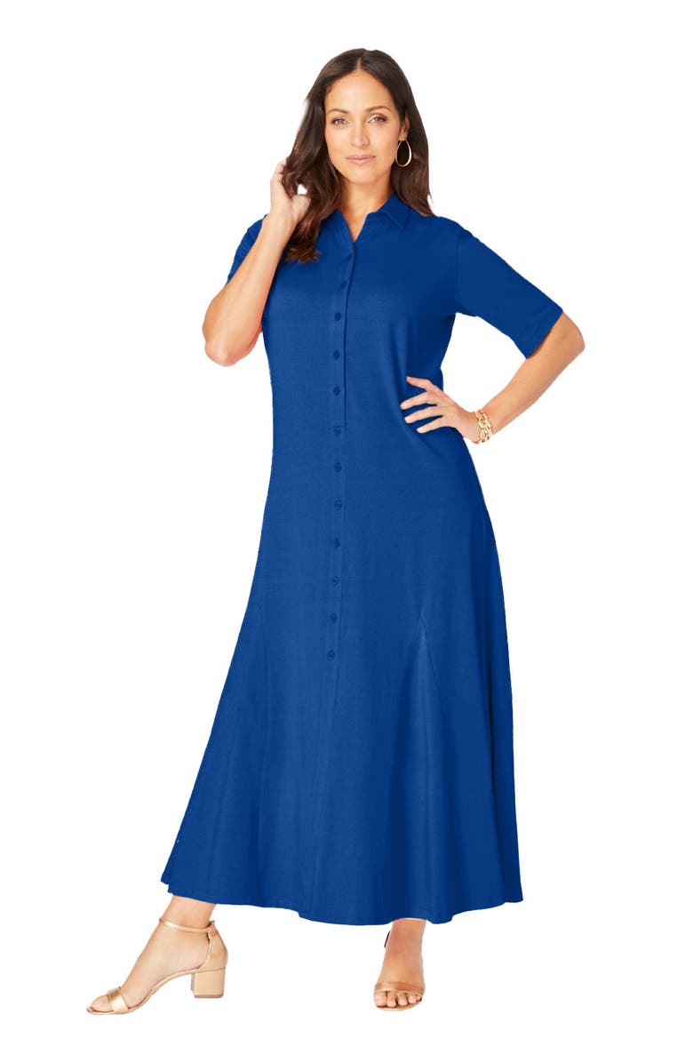 Jessica London Stretch Cotton Button Front Maxi Dress, Main, color, Dark Sapphire
