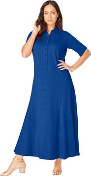 Jessica London Stretch Cotton Button Front Maxi Dress