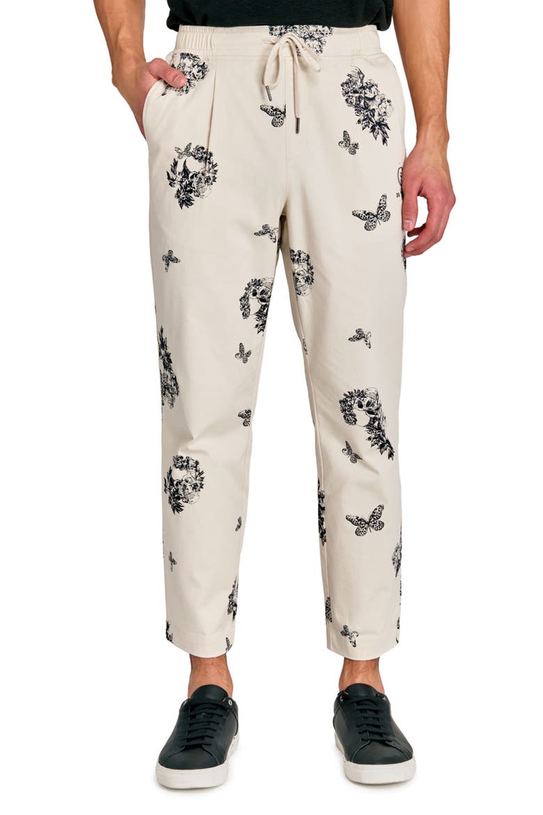 Slim Fit Skull Pleated Drawstring Pants, Main, color, ECRU