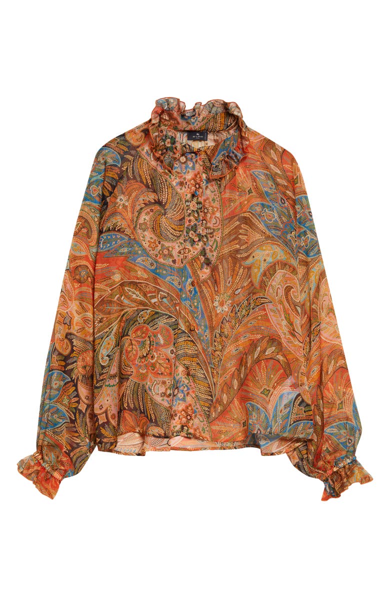 Etro Paisley Frill Collar Silk Button-Up Shirt, Main, color, Printed Red