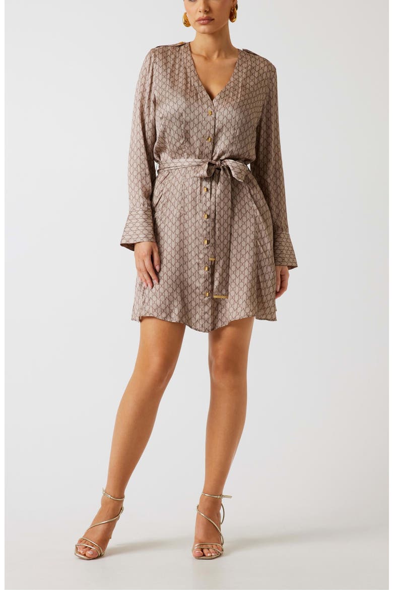 Britney Logo Print Long Sleeve Satin Shirtdress, Alternate, color, BEIGE