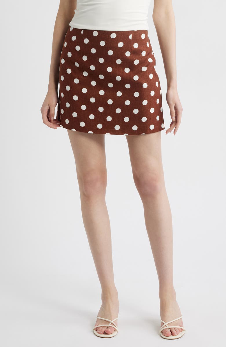 WAYF Elle Polka Dot Linen Blend Miniskirt, Main, color, Redwood Polka Dot