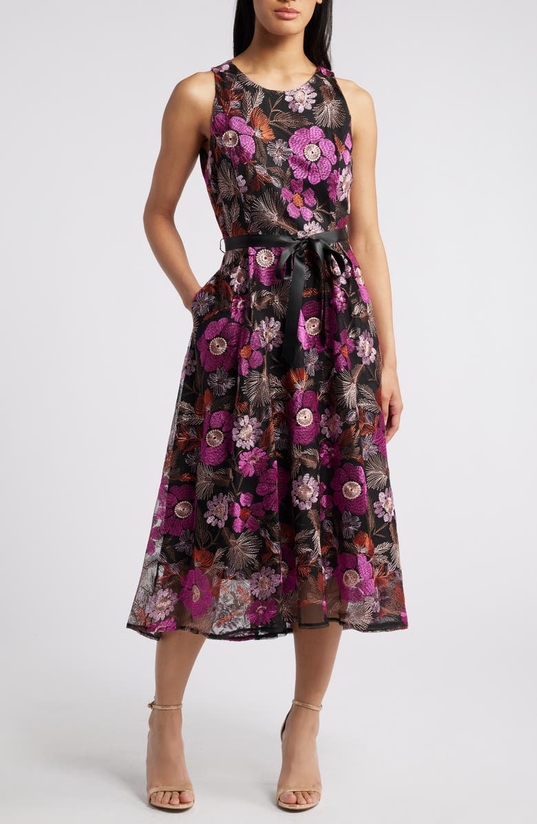 Tahari ASL Floral Embroidered Sleeveless Midi Dress, Main, color,