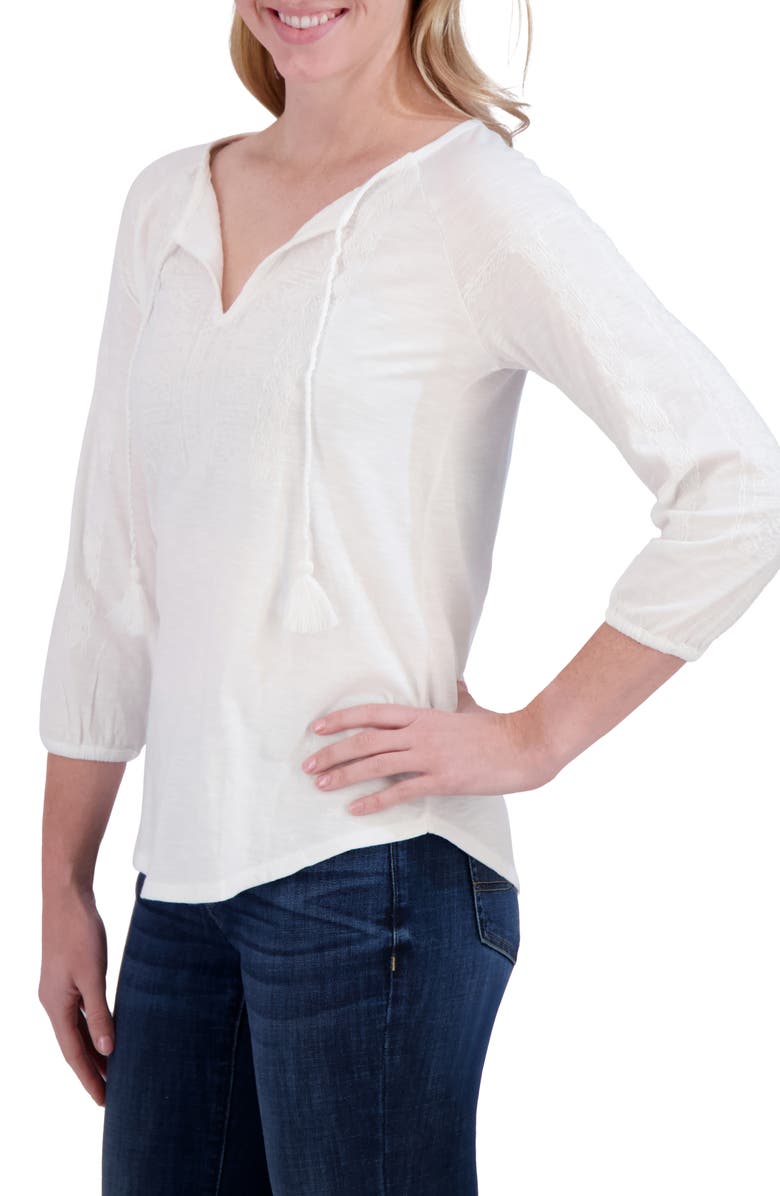 Lucky Brand Tassel Tie Embroidered Cotton Top, Alternate, color, Lucky White