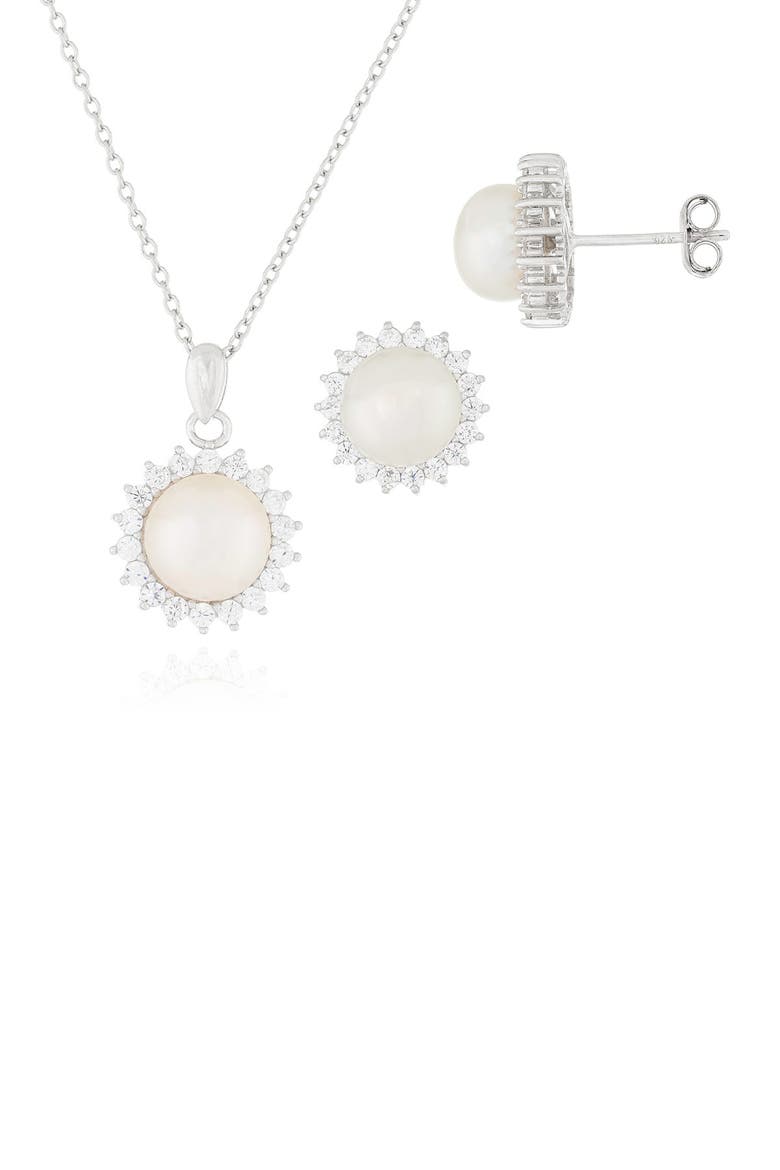 8.5-9mm White Freshwater Pearl & CZ Halo Pendant Necklace & Stud Earrings Set, Main, color, WHITE