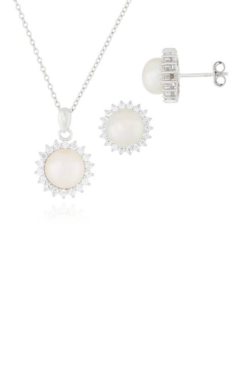 8.5-9mm White Freshwater Pearl & CZ Halo Pendant Necklace & Stud Earrings Set