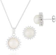 SPLENDID PEARLS 8.5-9mm White Freshwater Pearl & CZ Halo Pendant Necklace & Stud Earrings Set
