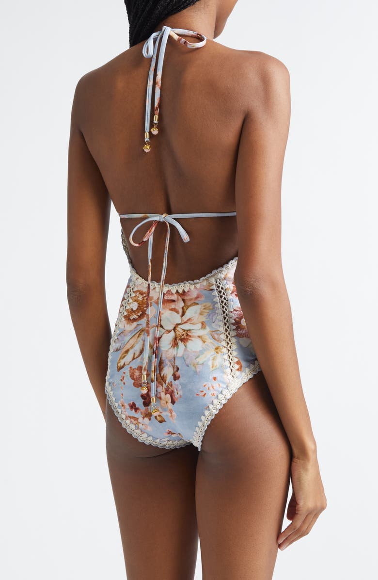 Zimmermann Awaken Crochet Trim Keyhole One-Piece Swimsuit, Alternate, color, Chambray Floral