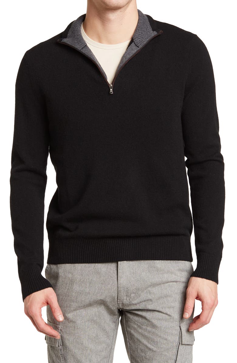 Amicale Cashmere Quarter Zip Pullover w/ Piping, Main, color, Blk