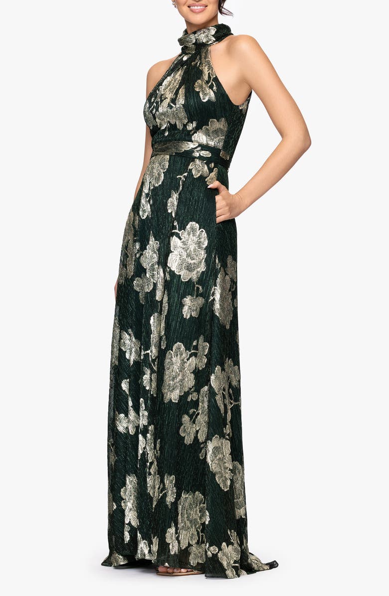Betsy & Adam Crinkle Metallic Floral Gown, Alternate, color, Hunter/ Gold
