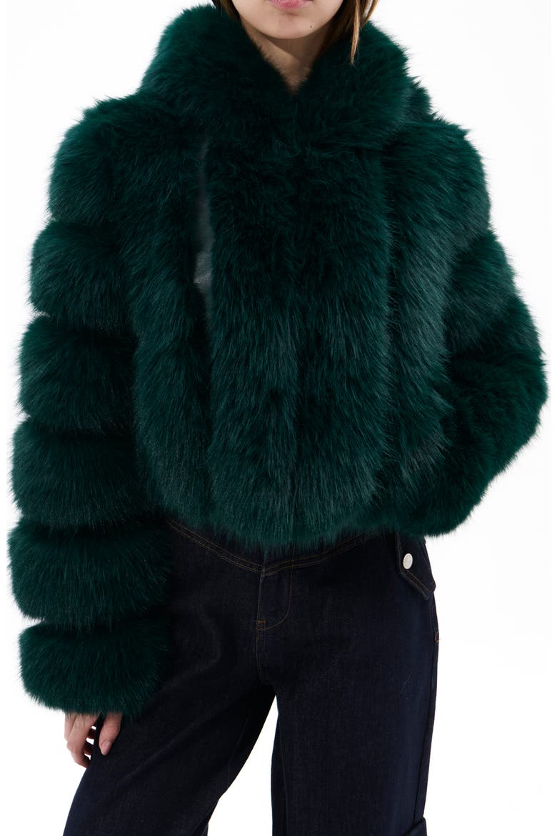 Jolene Faux Fur Hooded Crop Jacket, Main, color, EMERALD