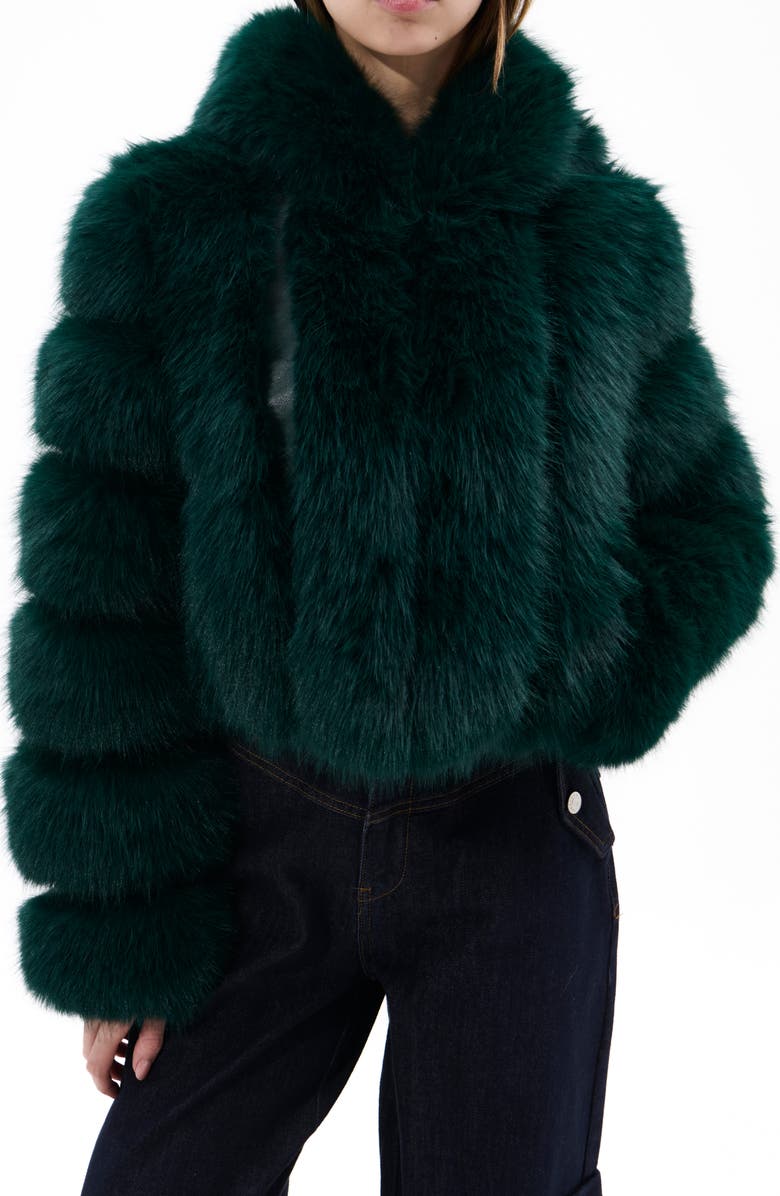AZALEA WANG Jolene Faux Fur Hooded Crop Jacket, Main, color, Emerald