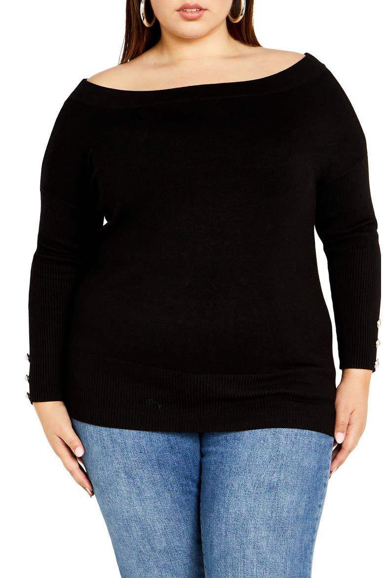 Intrigue Imitation Pearl Button Sweater, Main, color, BLACK