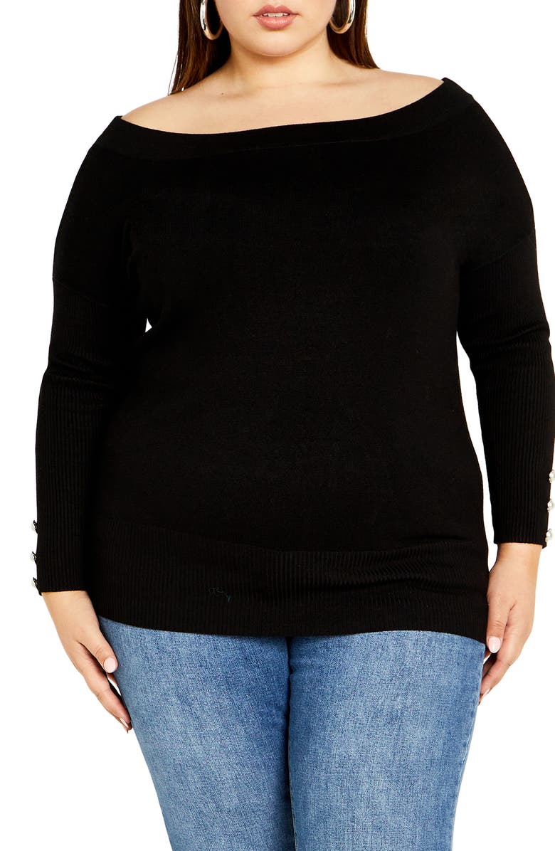 City Chic Intrigue Imitation Pearl Button Sweater, Main, color, 