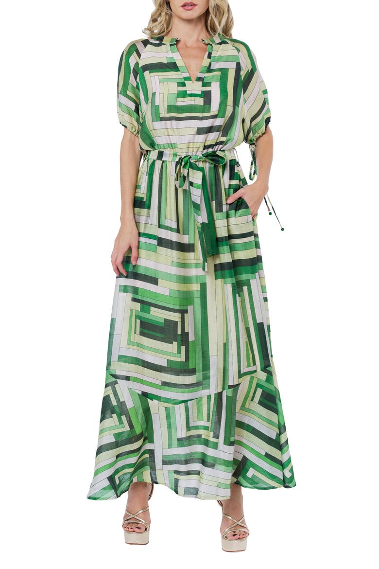 Gemma Puff Sleeve Tie Belt Maxi Dress, Main, color, GREEN MULTI