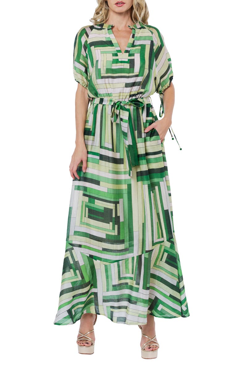 CIEBON Gemma Puff Sleeve Tie Belt Maxi Dress, Main, color, Green Multi