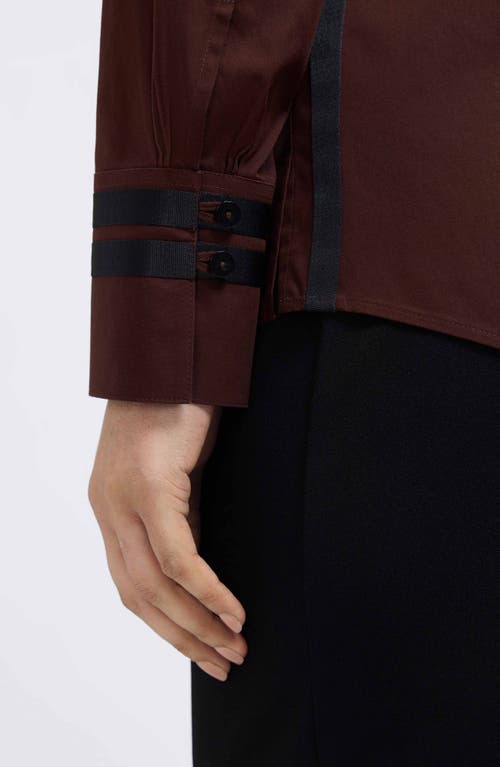 Foxcroft Brooke Grosgrain Trim Cotton Button-up Shirt In Brown