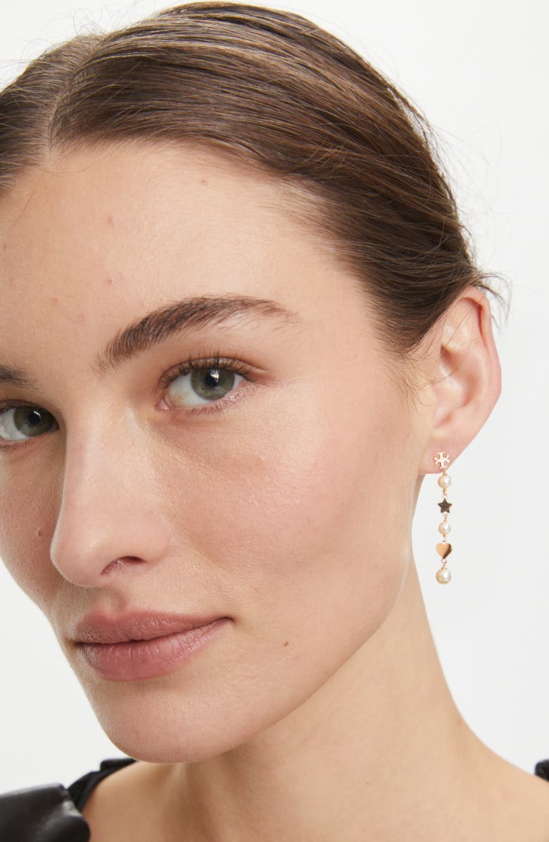 Tory Burch Kira Faux Pearl Linear Earrings, Alternate, color, Tory Gold / Pearl