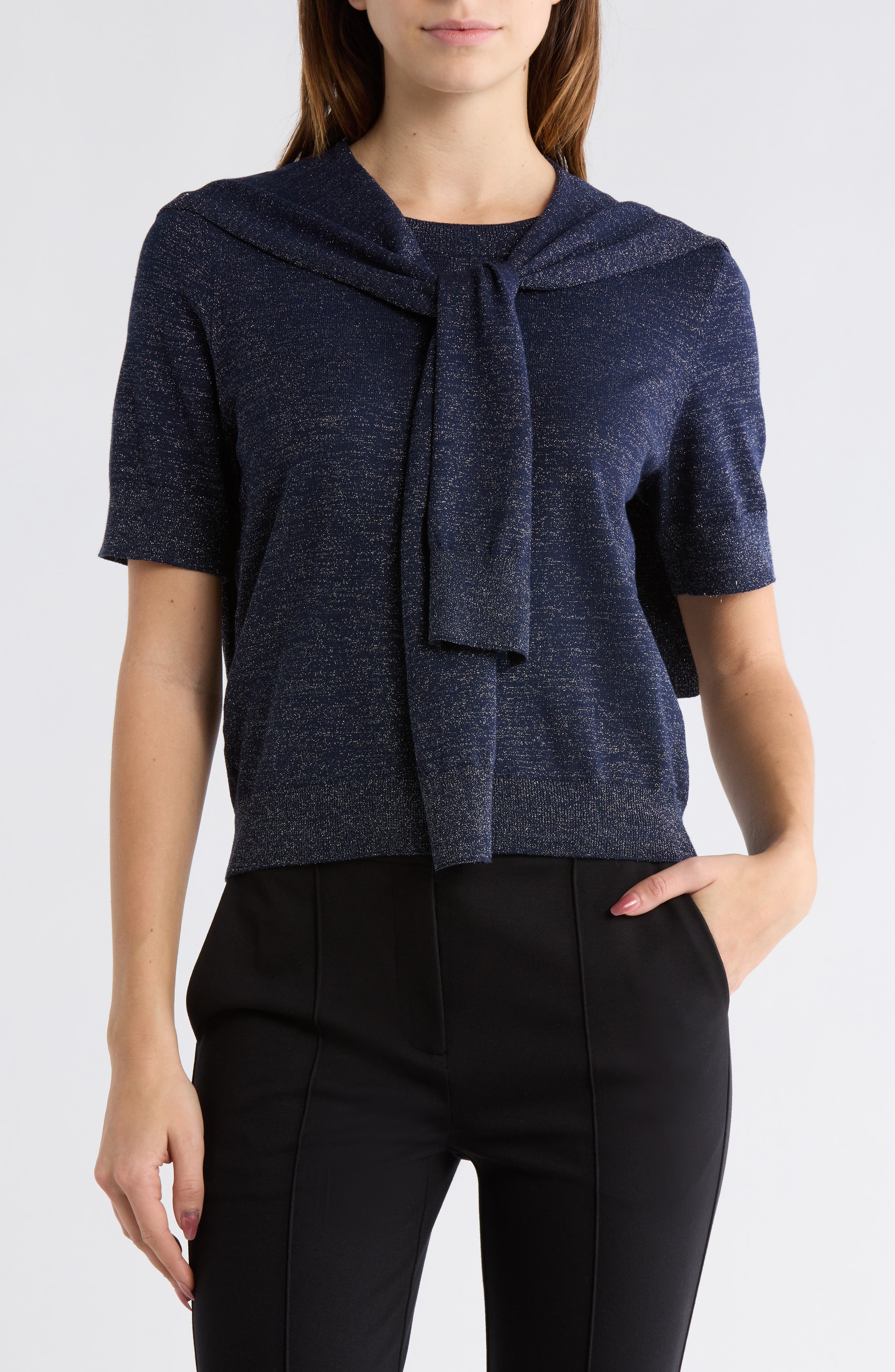 Derek Lam 10 Crosby Sparkle Tied Short Sleeve Sweater