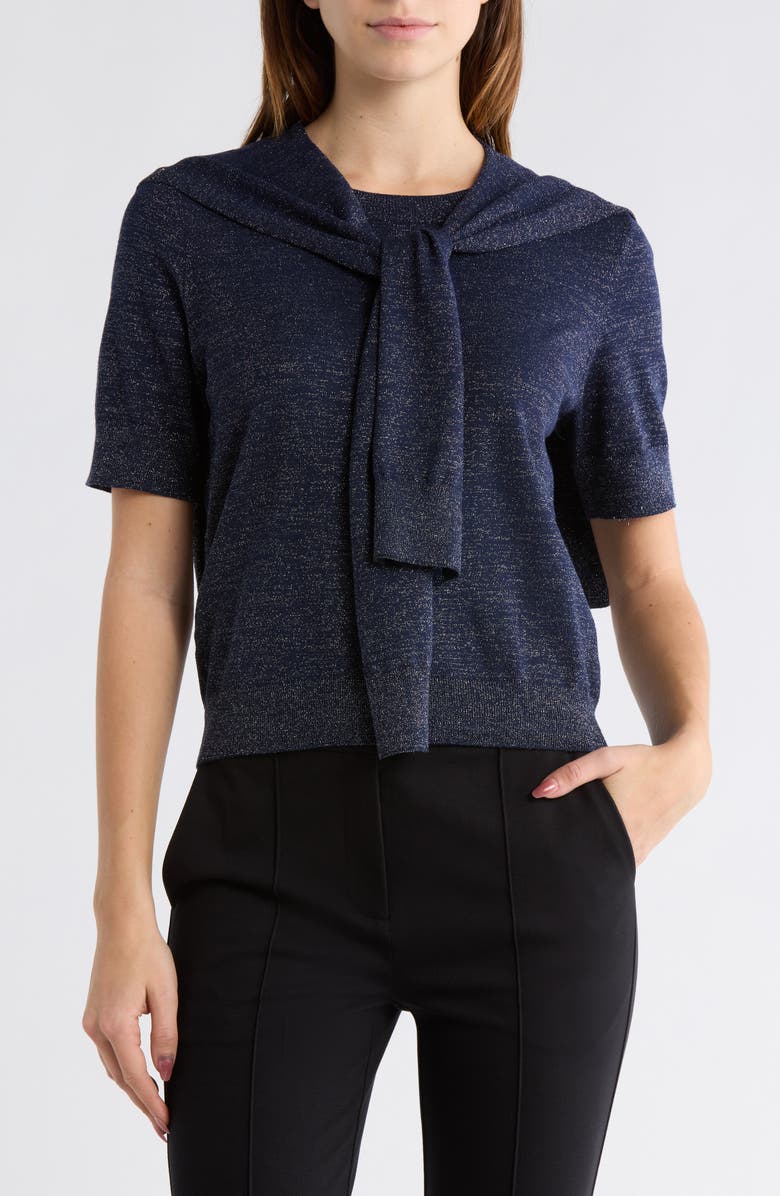Derek Lam 10 Crosby Sparkle Tied Short Sleeve Sweater, Main, color, Navy