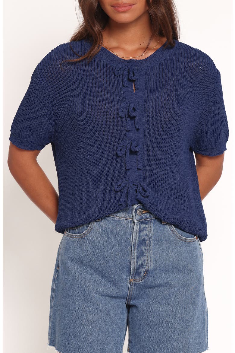 Gemma Bow Accent Short Sleeve Cardigan, Main, color, NAVY