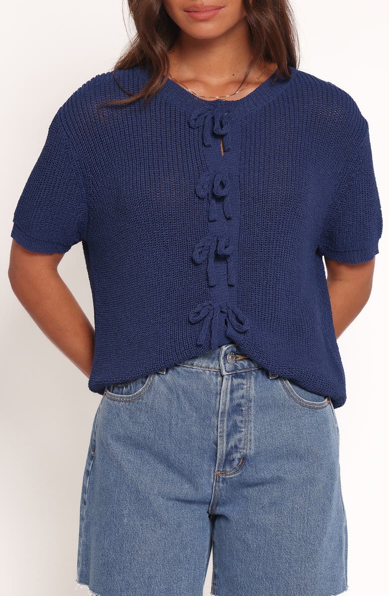 Petal & Pup Gemma Bow Accent Short Sleeve Cardigan, Main, color, Navy