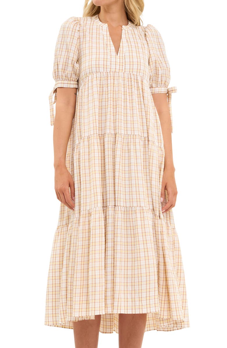 English Factory Plaid Tiered Midi Dress, Alternate, color, Ivory Multi