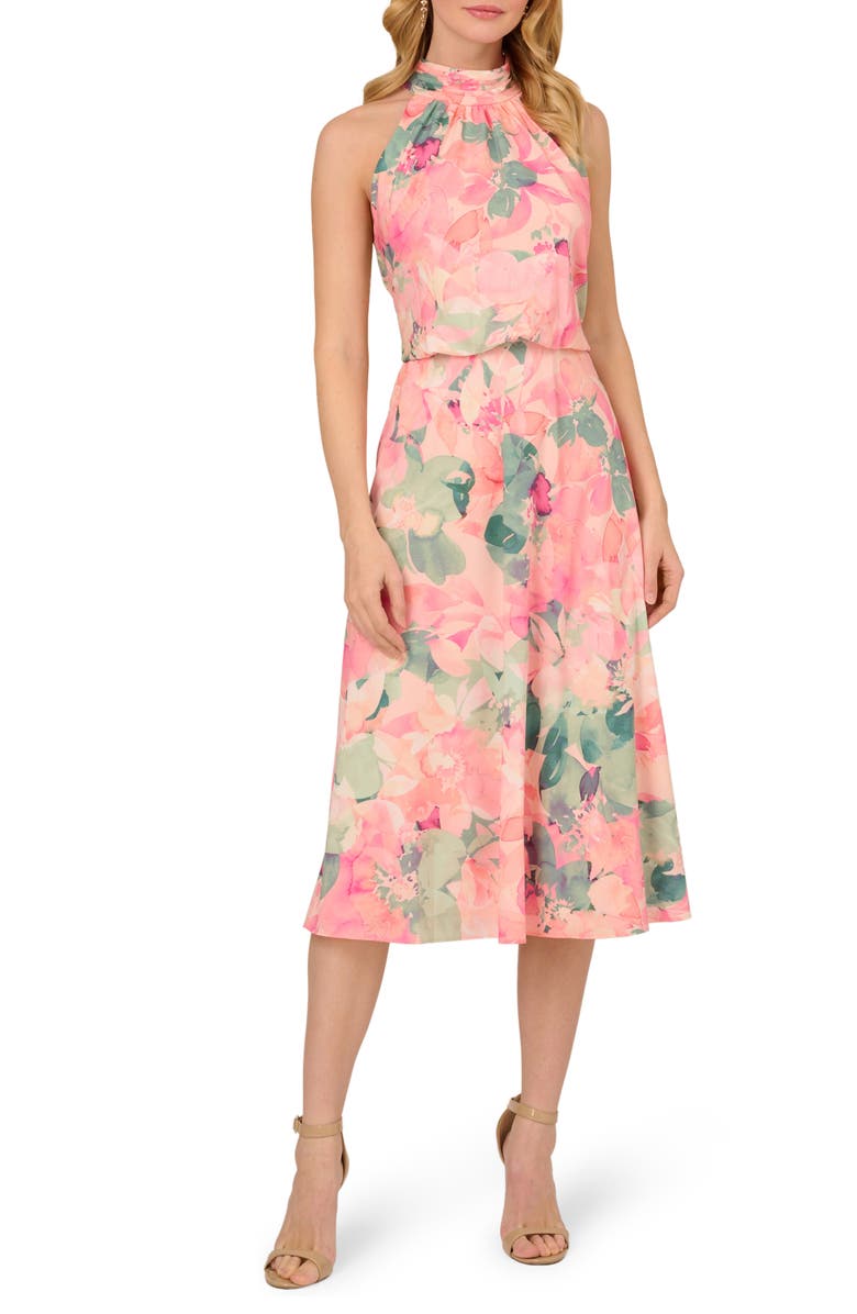 Adrianna Papell Floral Mock Neck Midi Dress, Main, color, 