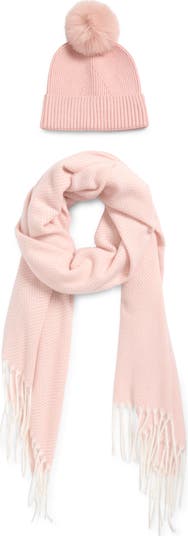 Vince Camuto Chevron Wrap Scarf & Faux Fur Pompom Beanie Set  display picture 2