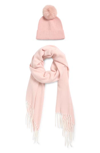 Vince Camuto Chevron Wrap Scarf & Faux Fur Pompom Beanie Set In Pink