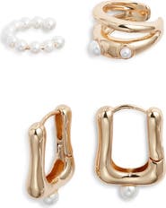 Open Edit Set of 4 Cultured Pearl Ear Cuffs & Hoop Earrings