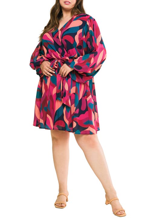 Long Sleeve Print Minidress (Plus)