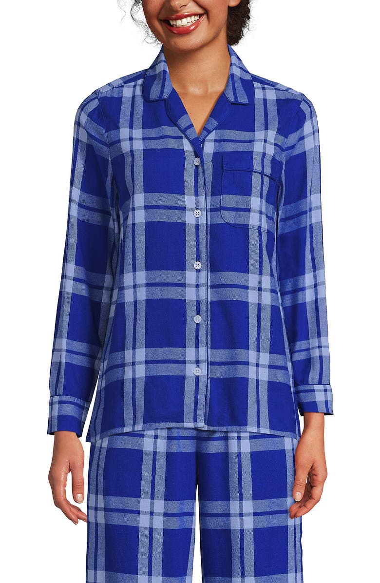 Lands' End Long Sleeve Print Flannel Pajama Top, Main, color, Clear Blue Sky/Lapis Plaid