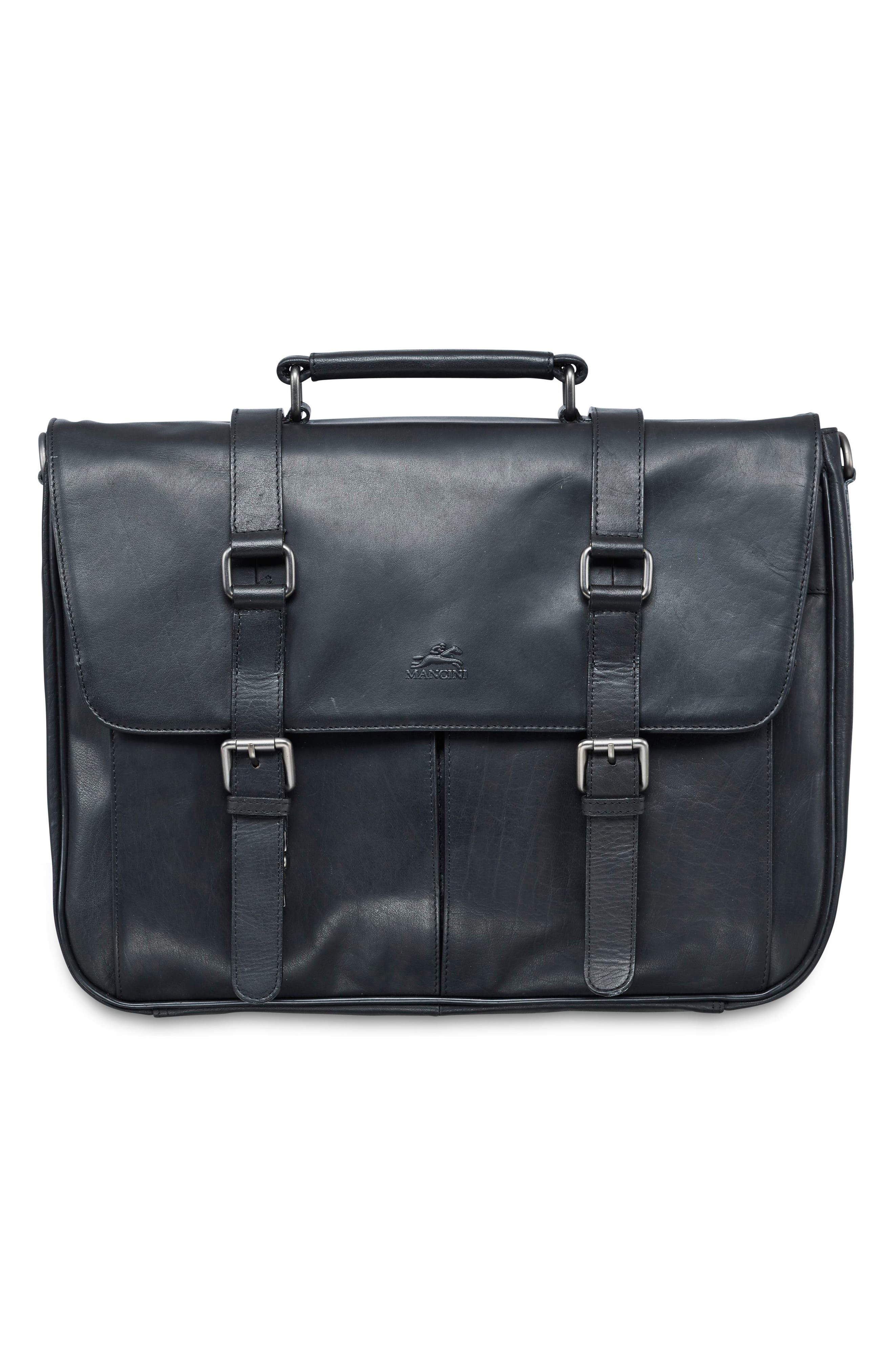 Mancini Flap Leather Briefcase, Alternate, color, Black