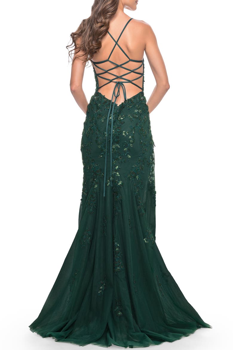 Long Tulle Gown with Beaded Lace Details, Alternate, color, Dark Emerald