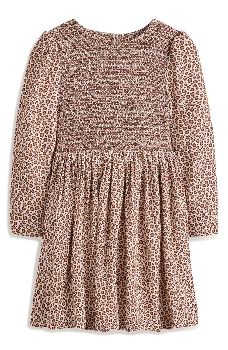 Mini Boden Kids' Animal Print Long Sleeve Smocked Dress, Main, color, Brown Leopard Print