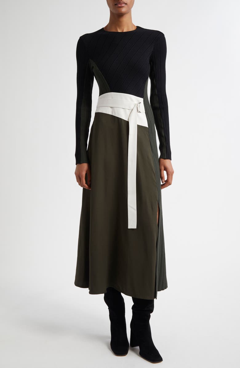 Reiss Emilina Mixed Media Long Sleeve Dress, Alternate, color, Khaki/ Black