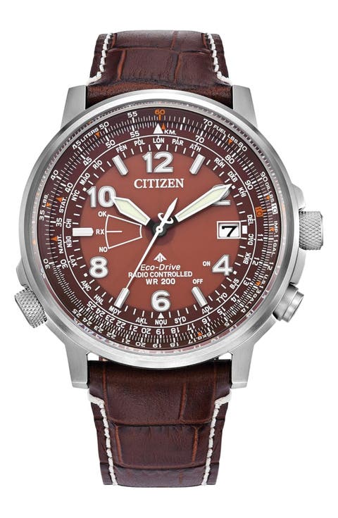 Promaster Sky Perpetual World Time Eco-Drive Leather Strap Watch, 42.4mm