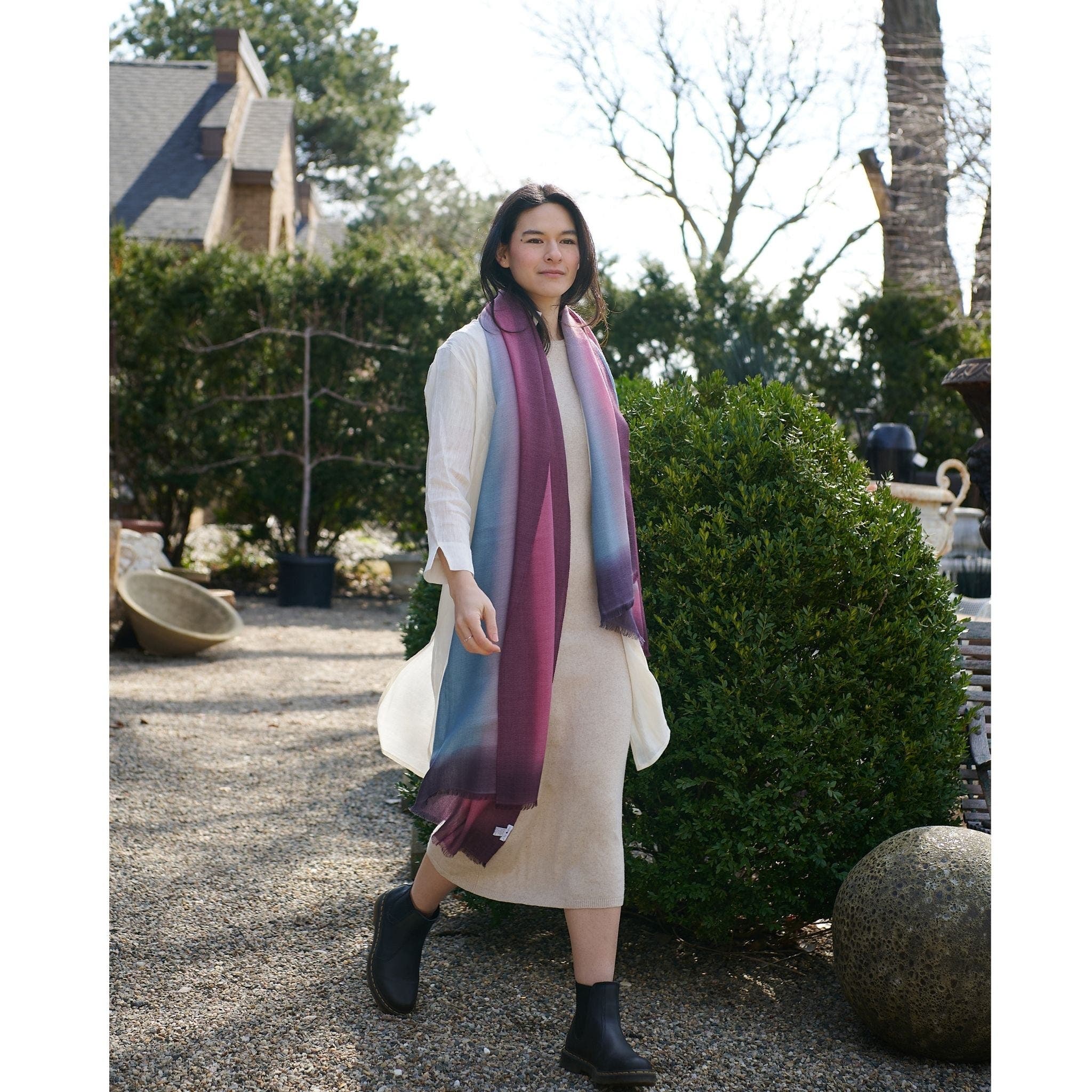 Studio Variously Iris Haze Blue Pink Cashmere Merino Handloom Scarf, Alternate, color, Pink