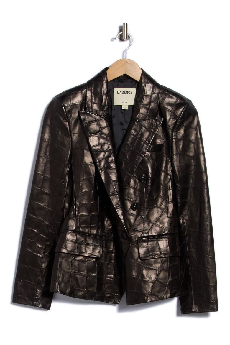 Kenzie Croc Embossed Leather Blazer, Alternate, color, BLACK