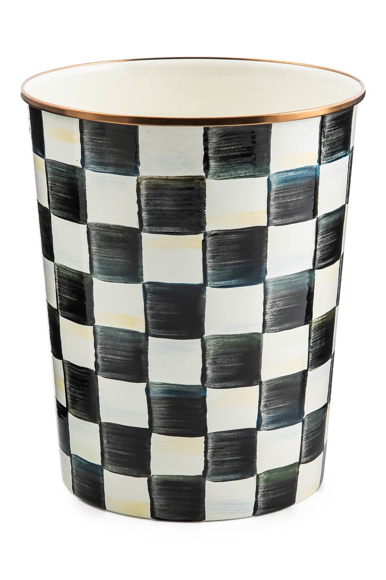 Courtly Check Enameled Steel Waste Bin, Main, color, BLACK/ WHITE