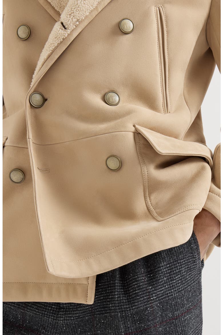 Suede curly shearling pea coat with shawl collar, Alternate, color, Sand