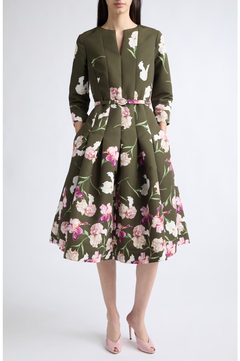 Painted Iris Belted Long Sleeve Dress, Main, color, DARK MOSS MULTI