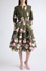 Oscar de la Renta Painted Iris Belted Long Sleeve Dress