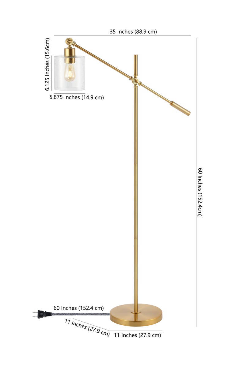 JONATHAN Y Kathryn Classic 60" Iron/Seeded Glass Adjustable Head Modern LED Floor Lamp, Brass Gold, Alternate, color, Brass Gold