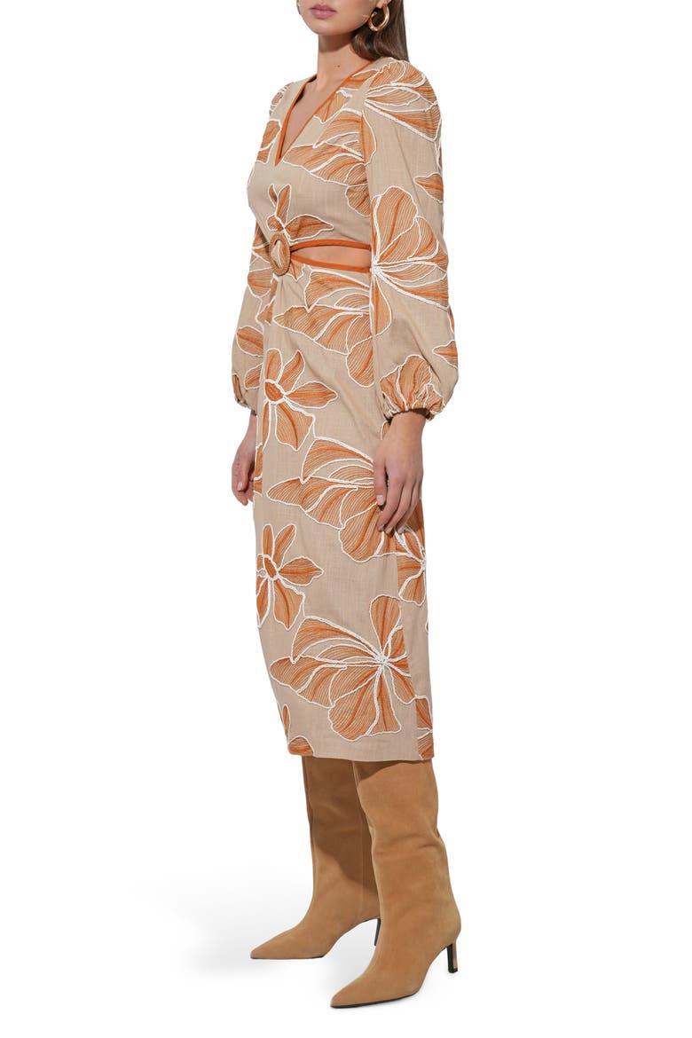 Joy Embroidered Side Cutout Long Sleeve Midi Dress, Alternate, color, NATURAL/ RUST