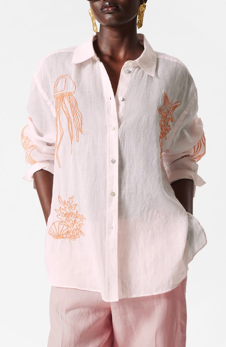 & Other Stories Embroidered Sheer Button-Up Shirt, Main, color, Pink Dusty Light