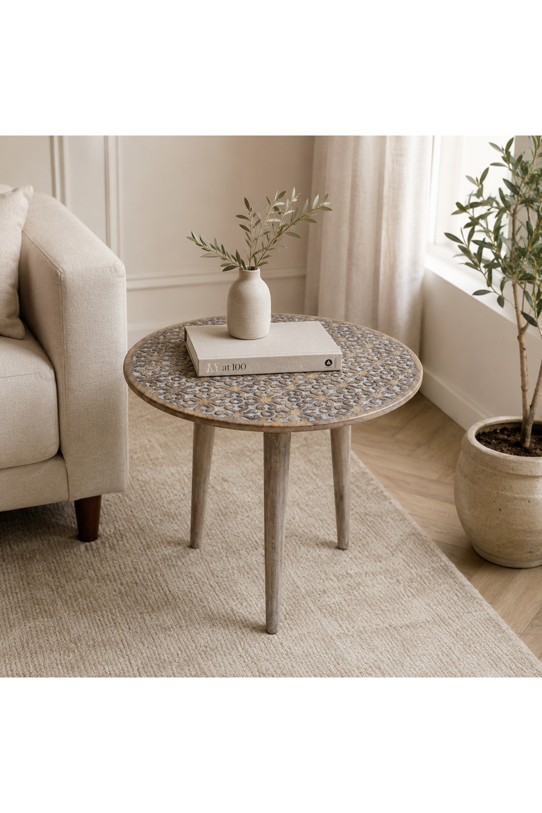 Handmade Mango Wood Round Accent Table, Knockdown, Alternate, color, Gray