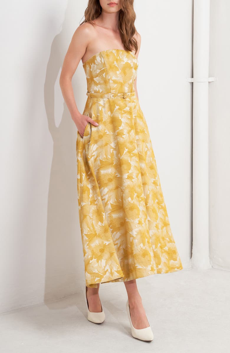 FREEMARKET Strapless Floral Jacquard Midi Dress, Alternate, color, Mustard